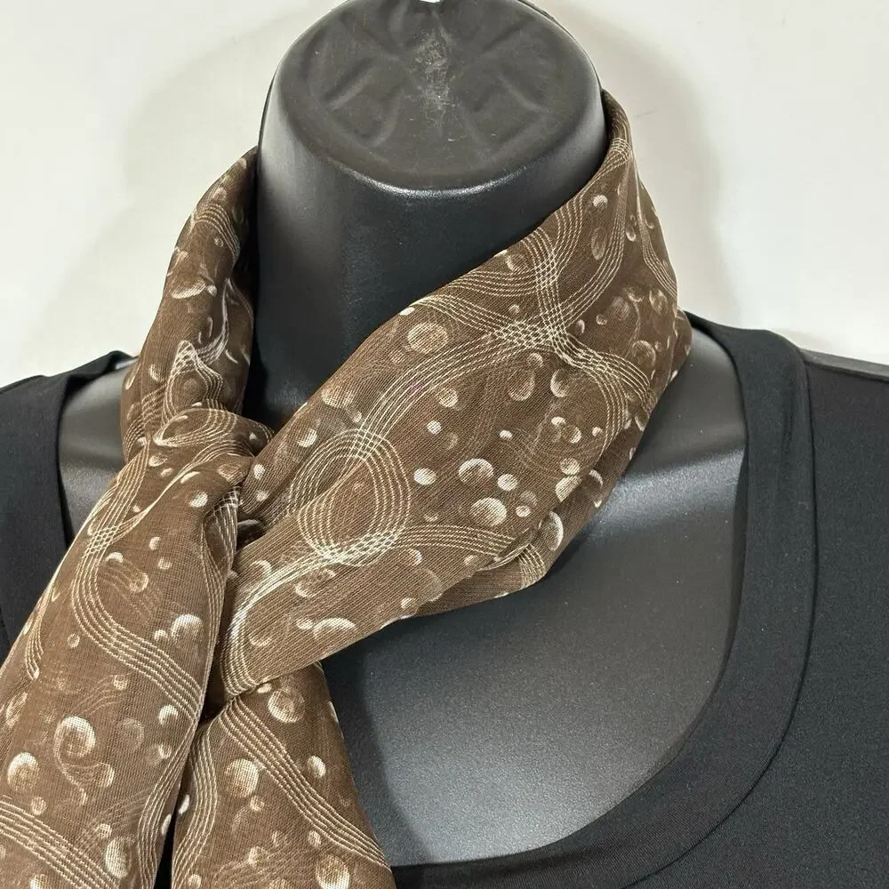 Sheer Brown Rectangle Scarf Circle Polka Dot Moon Ribbons Retro Vintage 56